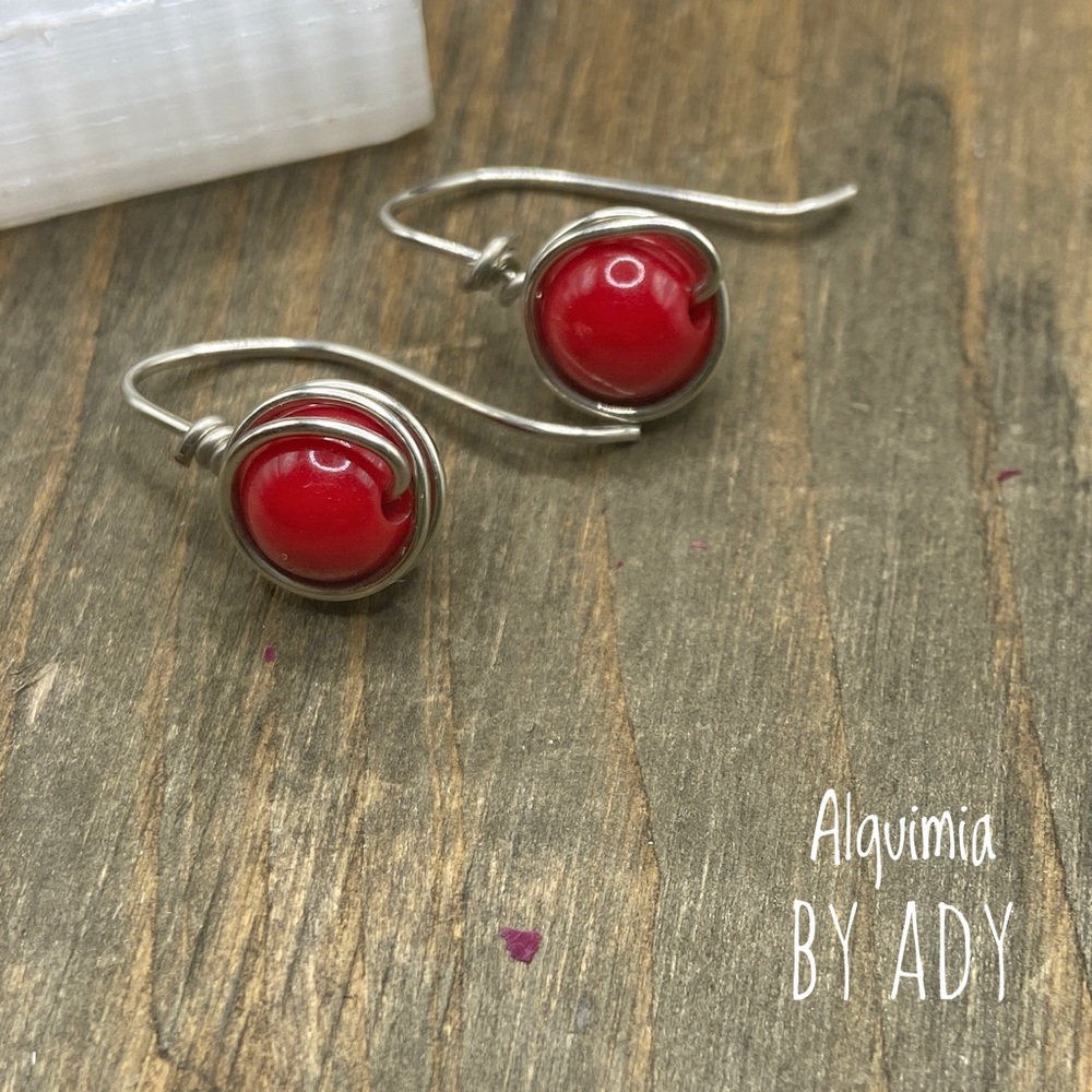 Silver and red coral drops statement earrings - Picture 2 of 5